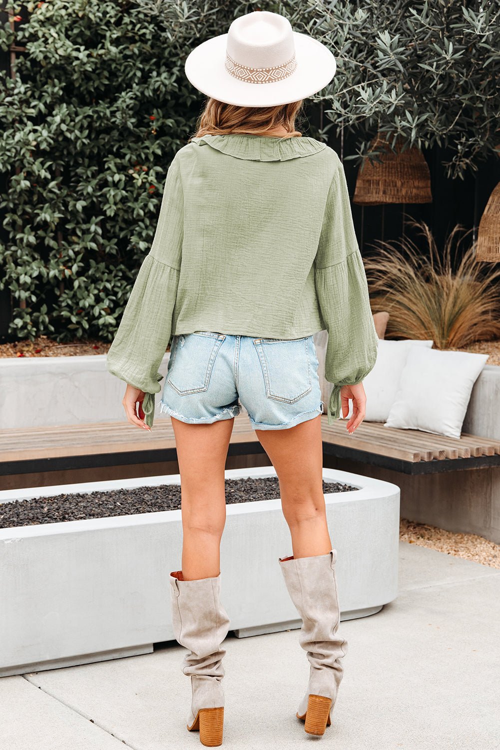 Solid Tie Front V-Neck Ruffle Trim Blouse - Rooted & Reckless Co.