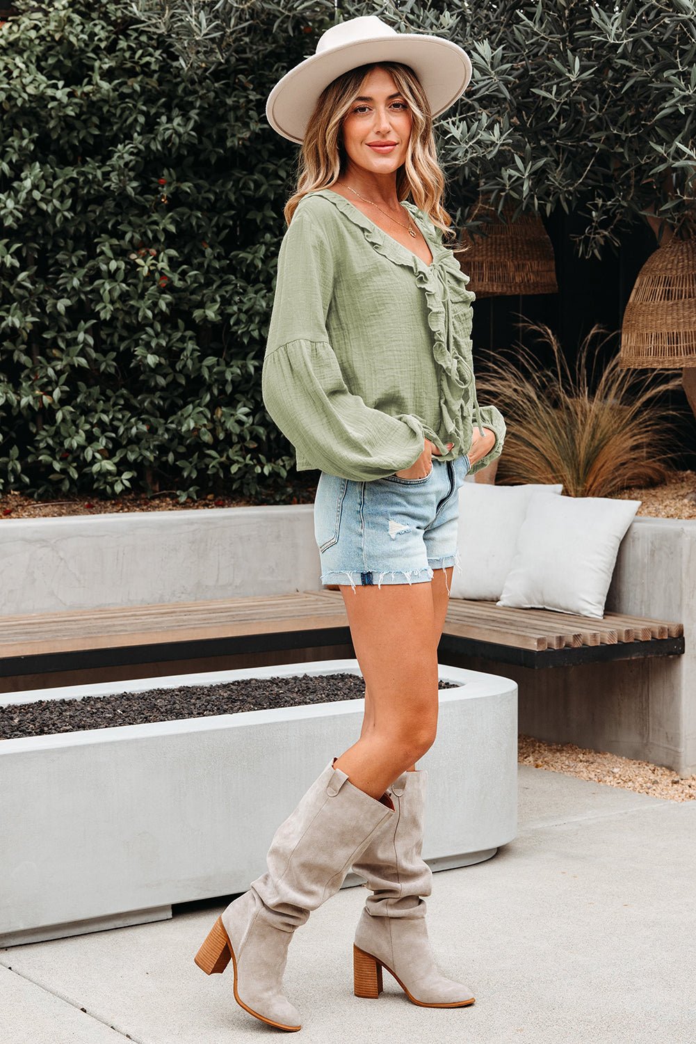 Solid Tie Front V-Neck Ruffle Trim Blouse - Rooted & Reckless Co.