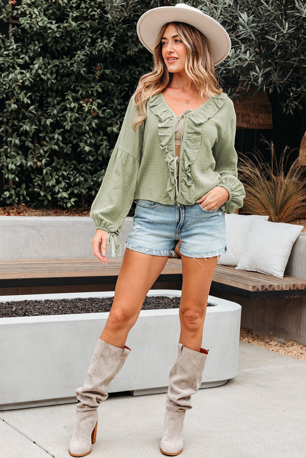 Solid Tie Front V-Neck Ruffle Trim Blouse - Rooted & Reckless Co.