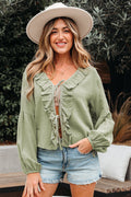 Solid Tie Front V-Neck Ruffle Trim Blouse - Rooted & Reckless Co.