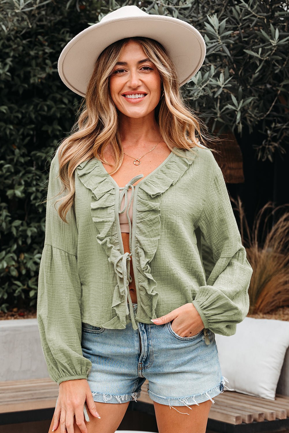 Solid Tie Front V-Neck Ruffle Trim Blouse - Rooted & Reckless Co.