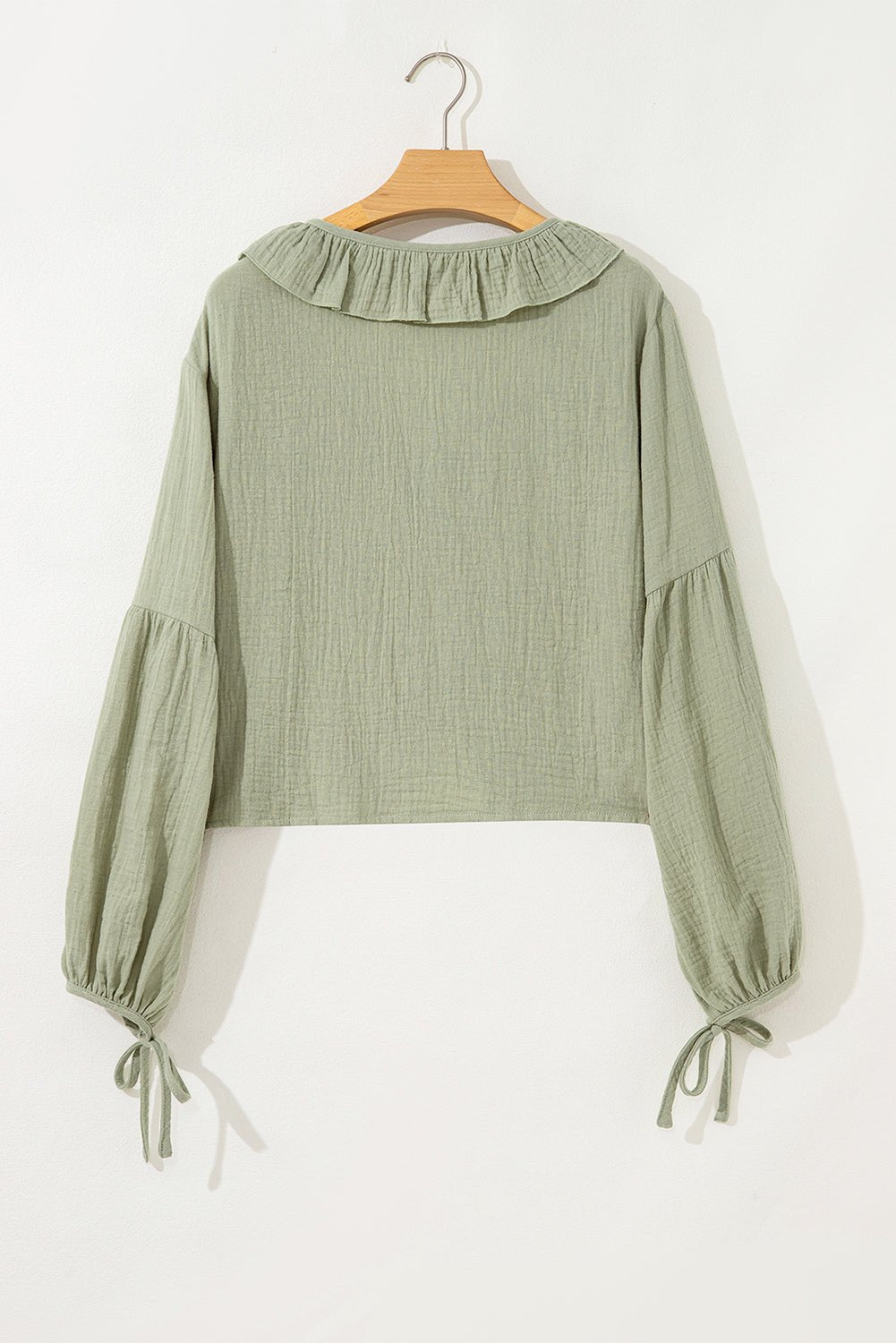 Solid Tie Front V-Neck Ruffle Trim Blouse - Rooted & Reckless Co.