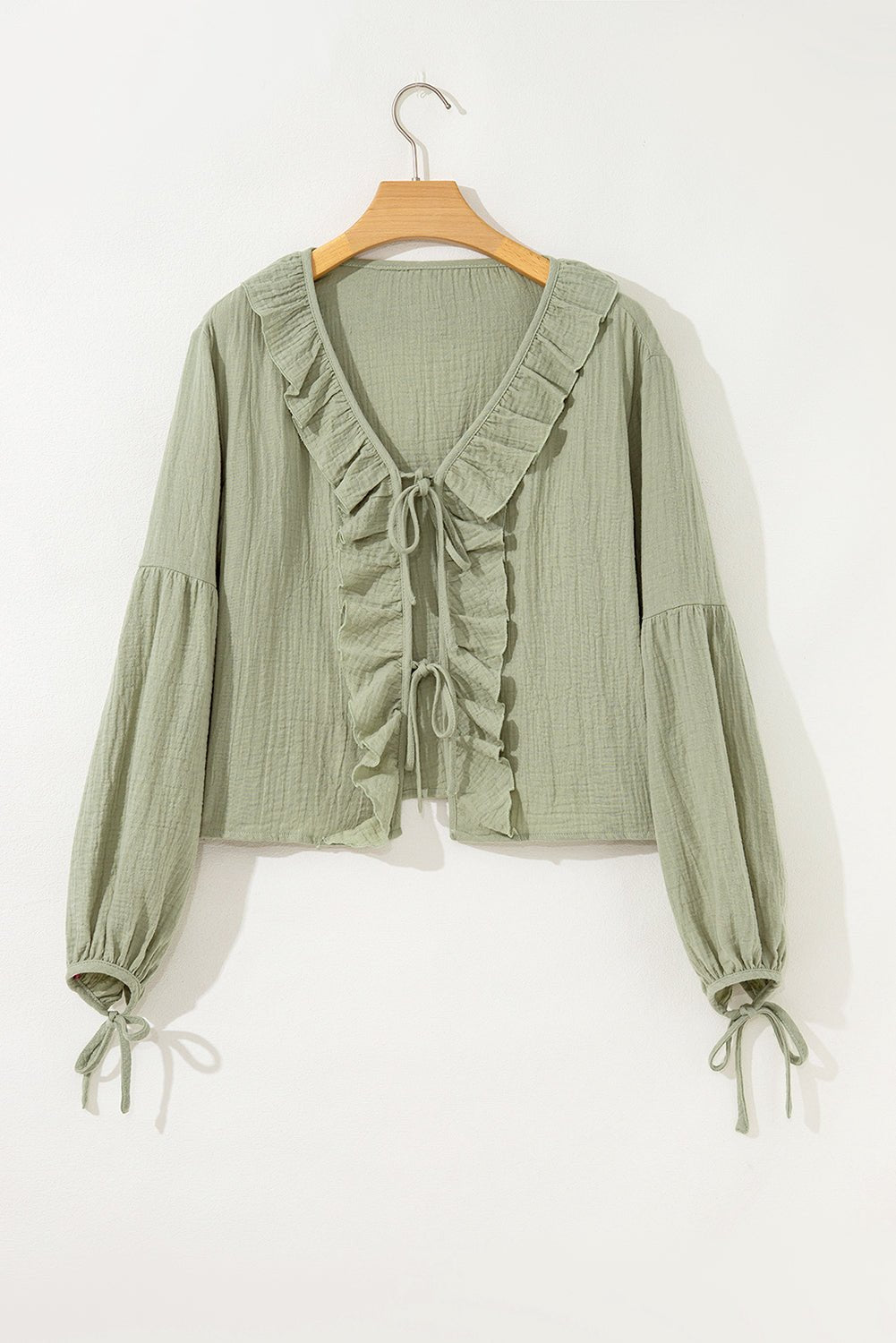 Solid Tie Front V-Neck Ruffle Trim Blouse - Rooted & Reckless Co.