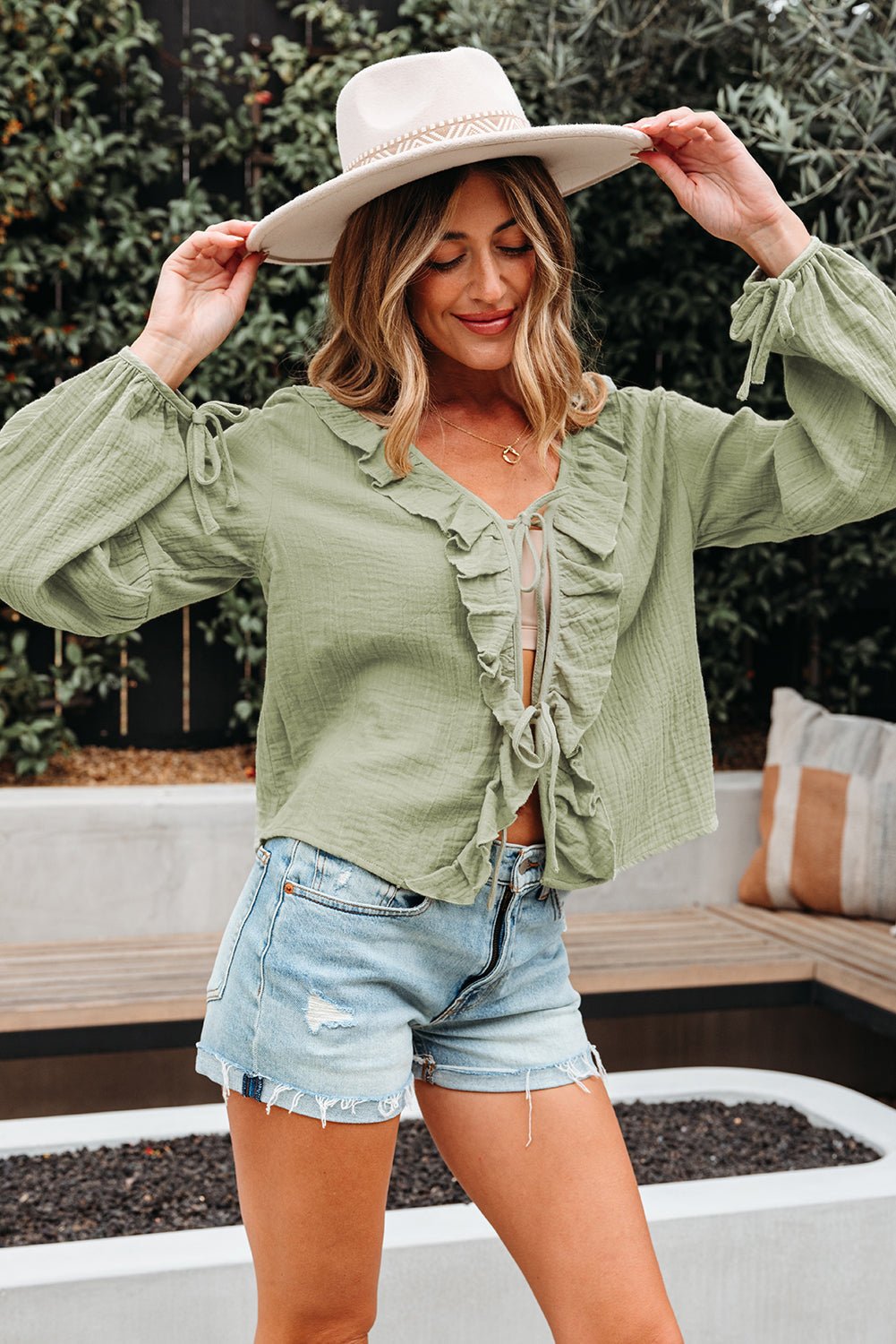 Solid Tie Front V-Neck Ruffle Trim Blouse - Rooted & Reckless Co.