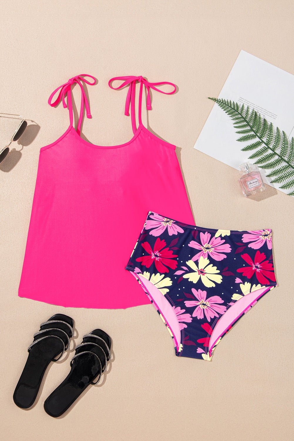 Solid Tie Strap Top & Floral Bottom Tankini Set - Rooted & Reckless Co.