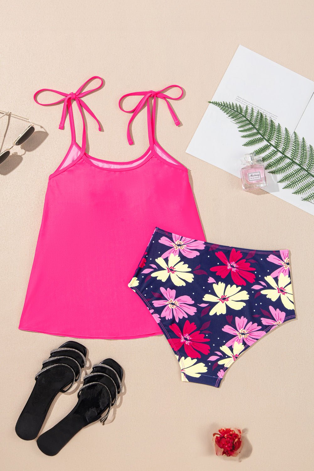 Solid Tie Strap Top & Floral Bottom Tankini Set - Rooted & Reckless Co.