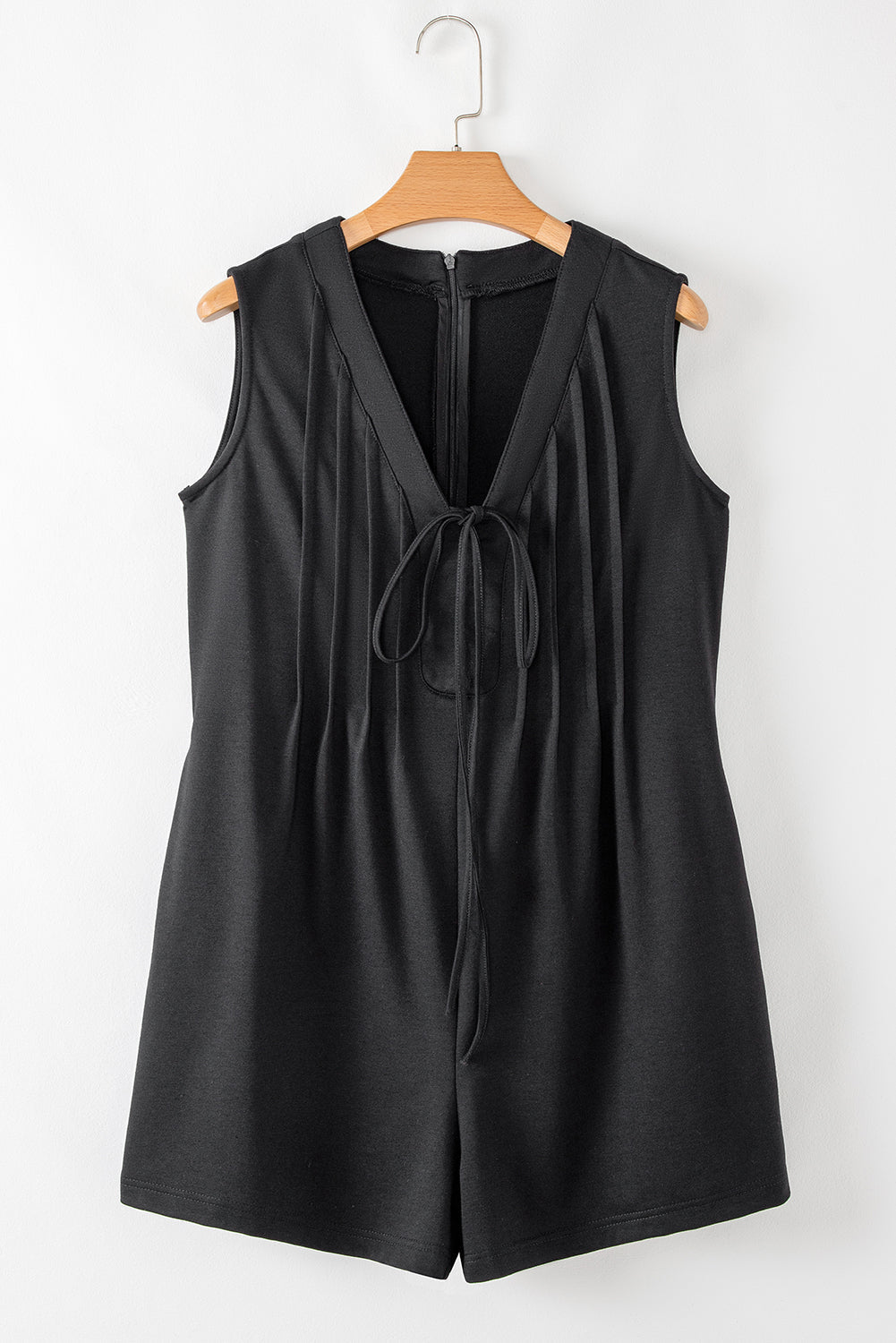 Solid Tie V-Neck Pintuck Sleeveless Romper - Rooted & Reckless Co.