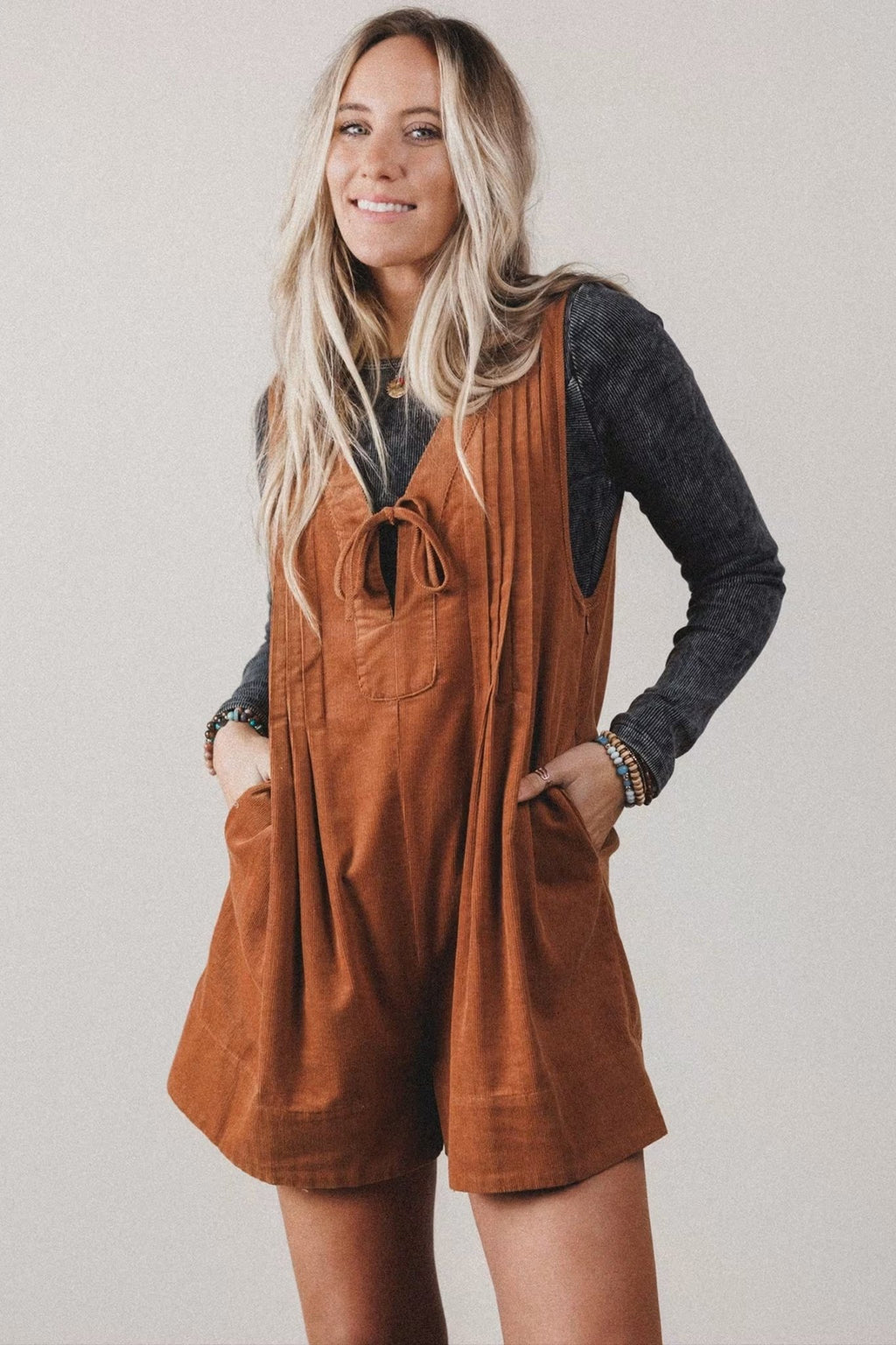 Solid Tie V-Neck Sleeveless Corduroy Romper - Rooted & Reckless Co.