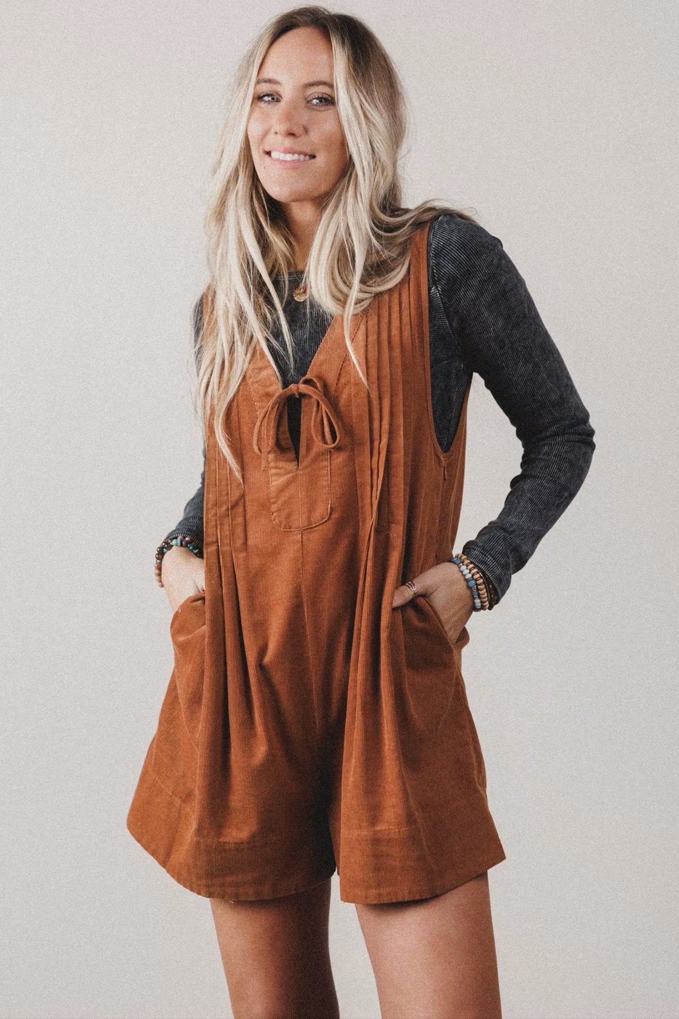 Solid Tie V-Neck Sleeveless Corduroy Romper - Rooted & Reckless Co.