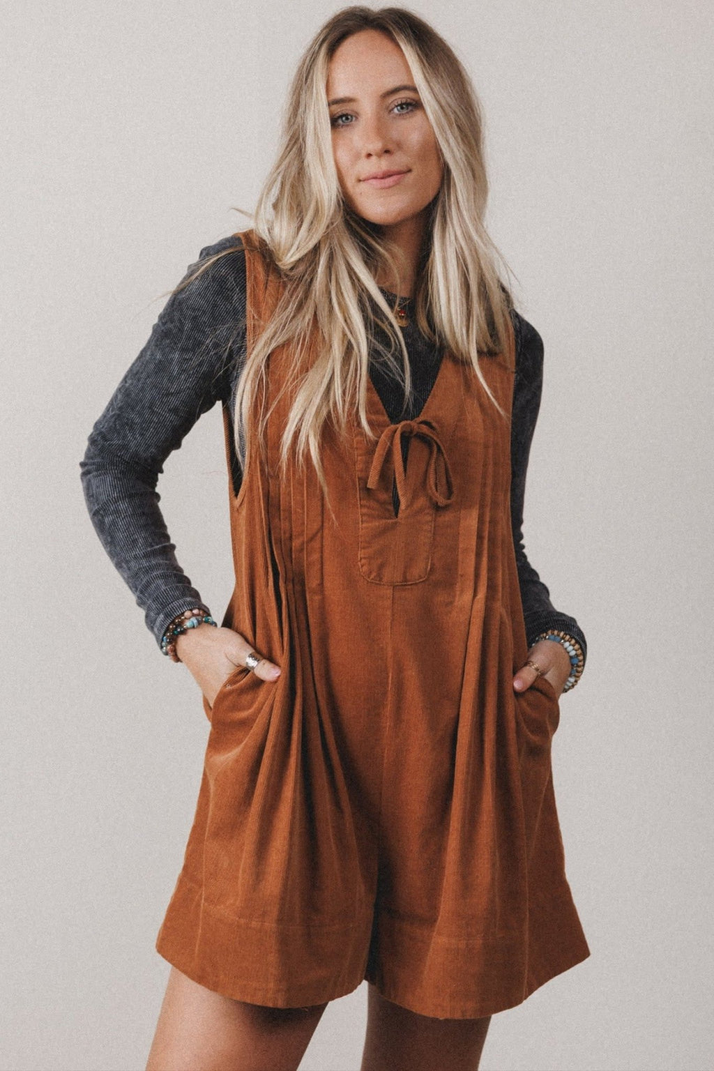 Solid Tie V-Neck Sleeveless Corduroy Romper - Rooted & Reckless Co.