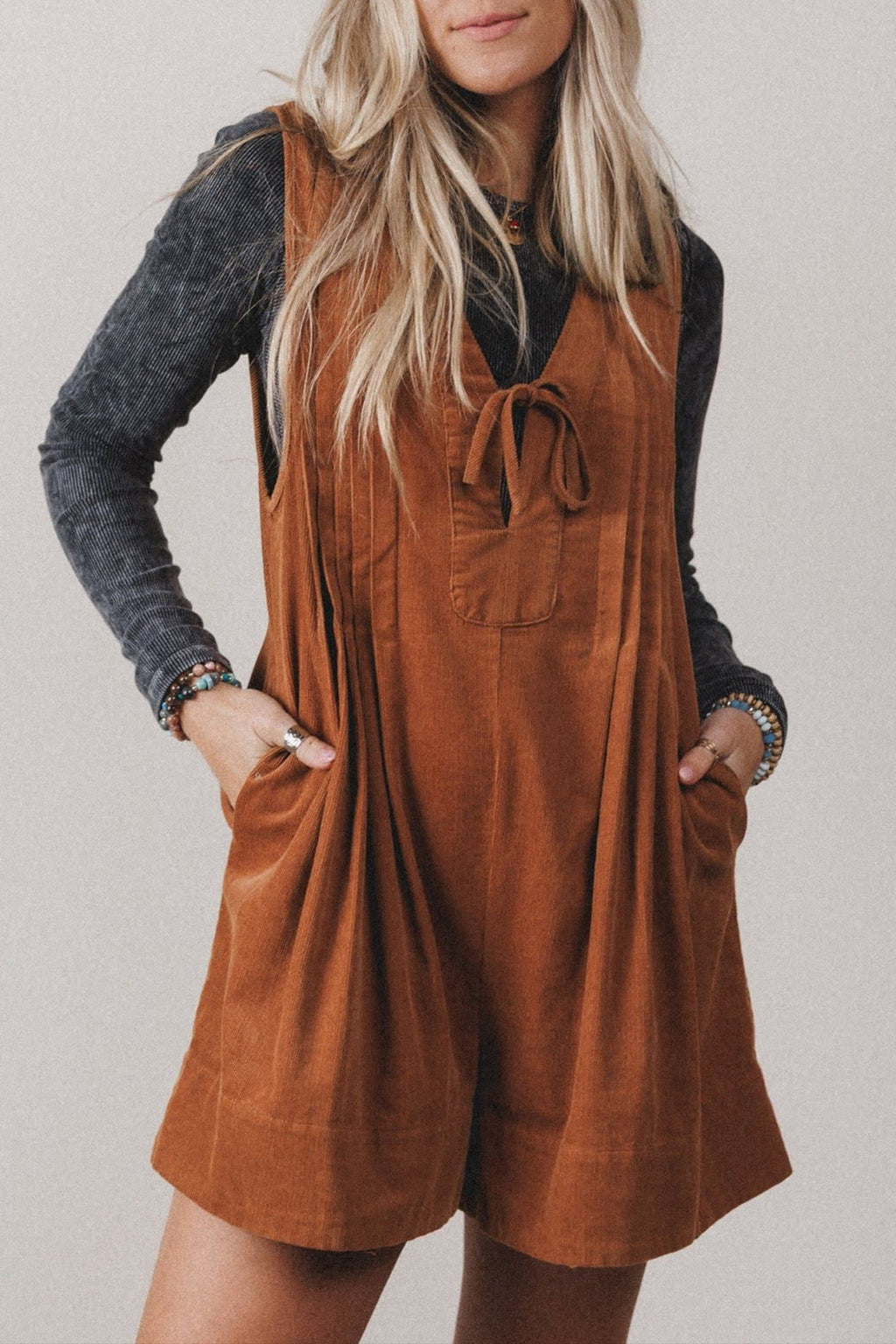 Solid Tie V-Neck Sleeveless Corduroy Romper - Rooted & Reckless Co.