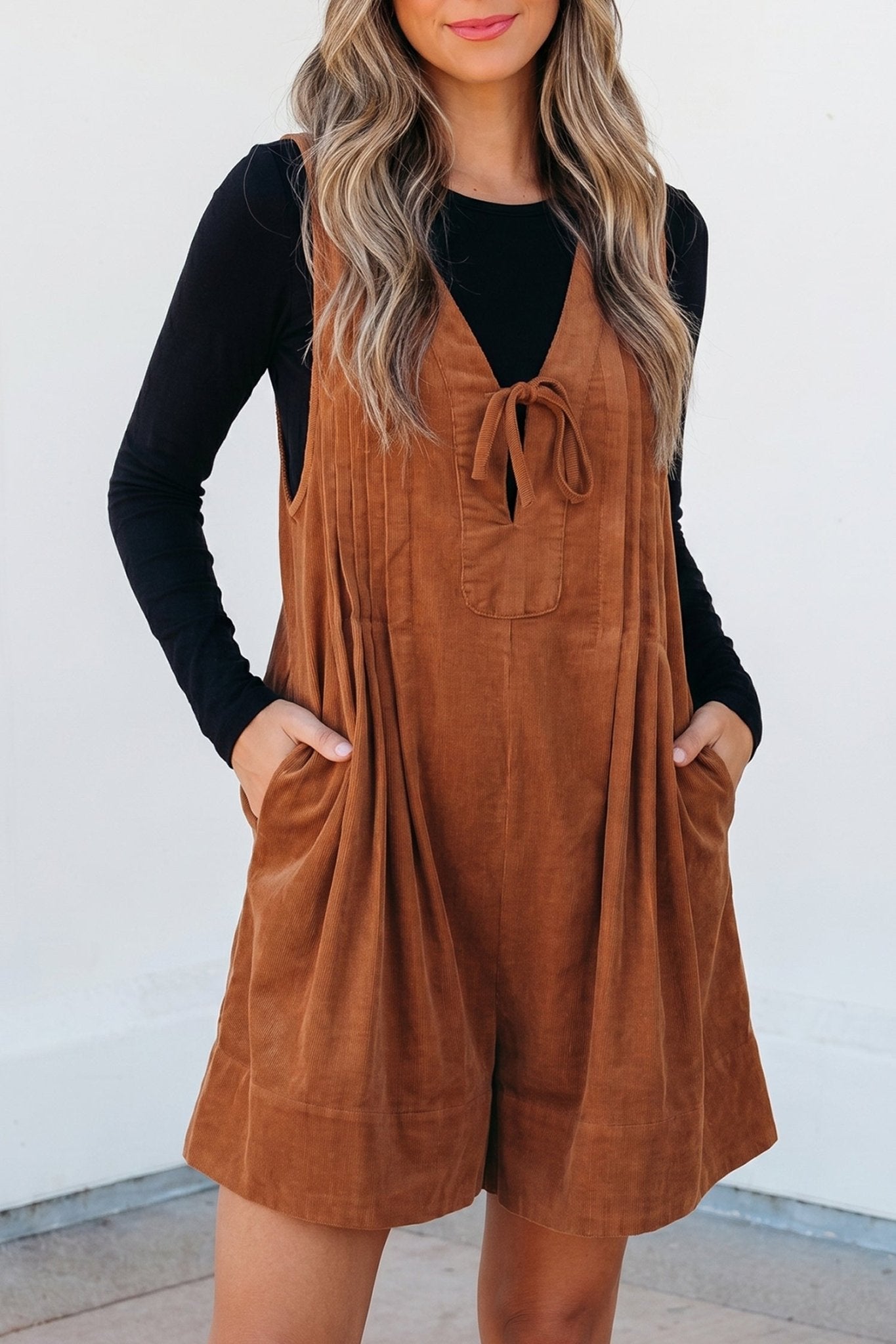 Solid Tie V-Neck Sleeveless Corduroy Romper - Rooted & Reckless Co.
