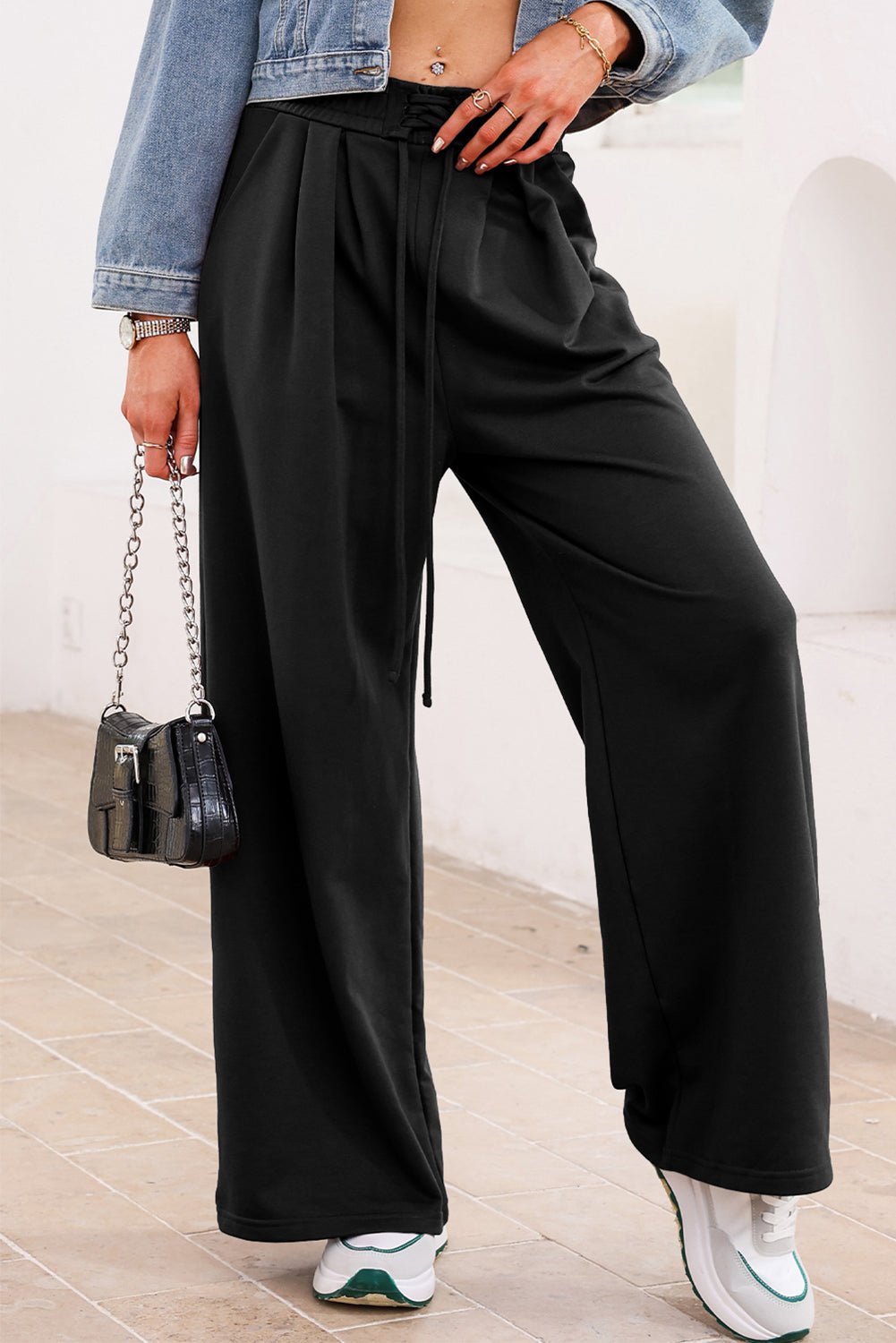 Solid Tied High-Waist Pleated Sweatpants - Rooted & Reckless Co.