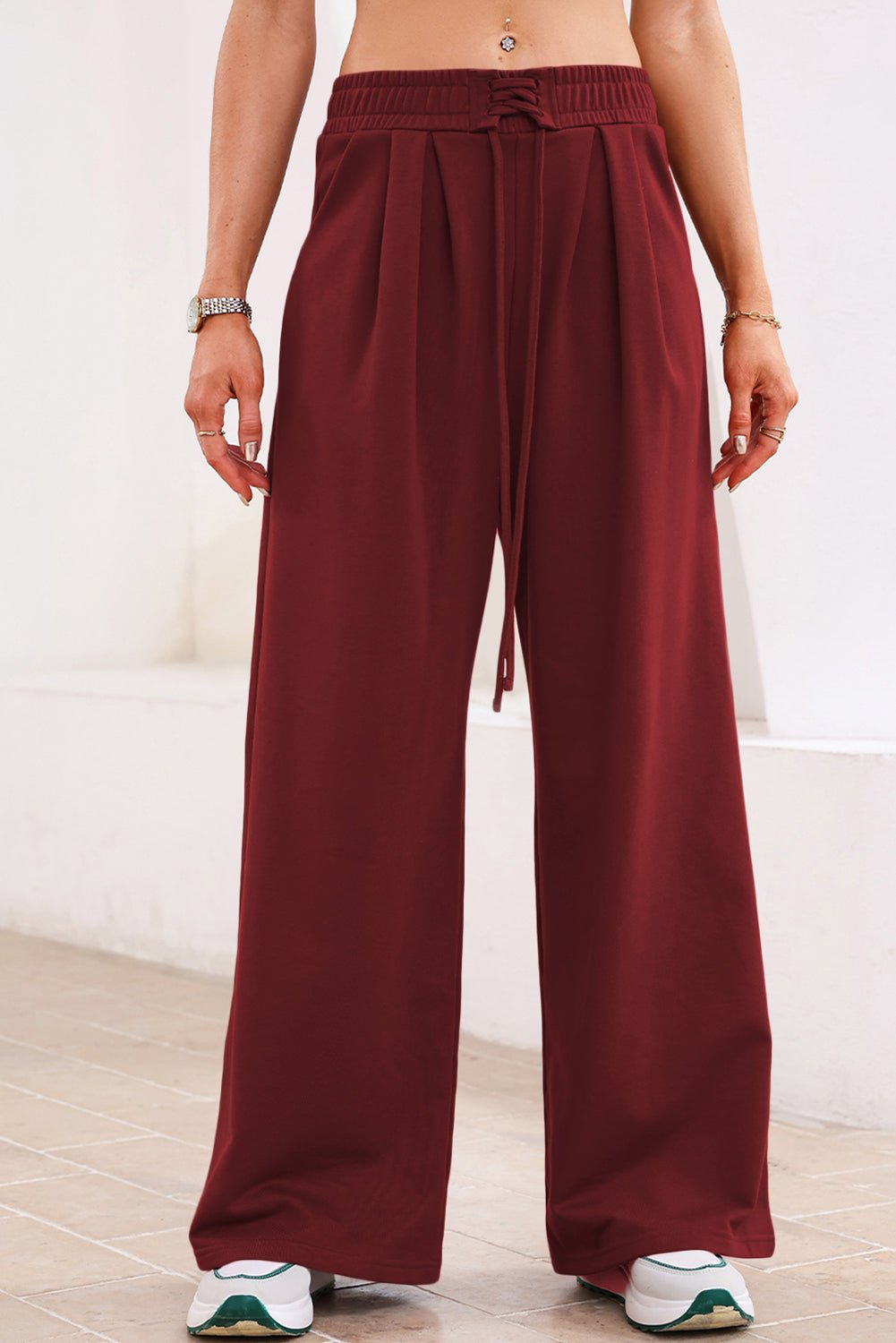 Solid Tied High-Waist Pleated Sweatpants - Rooted & Reckless Co.
