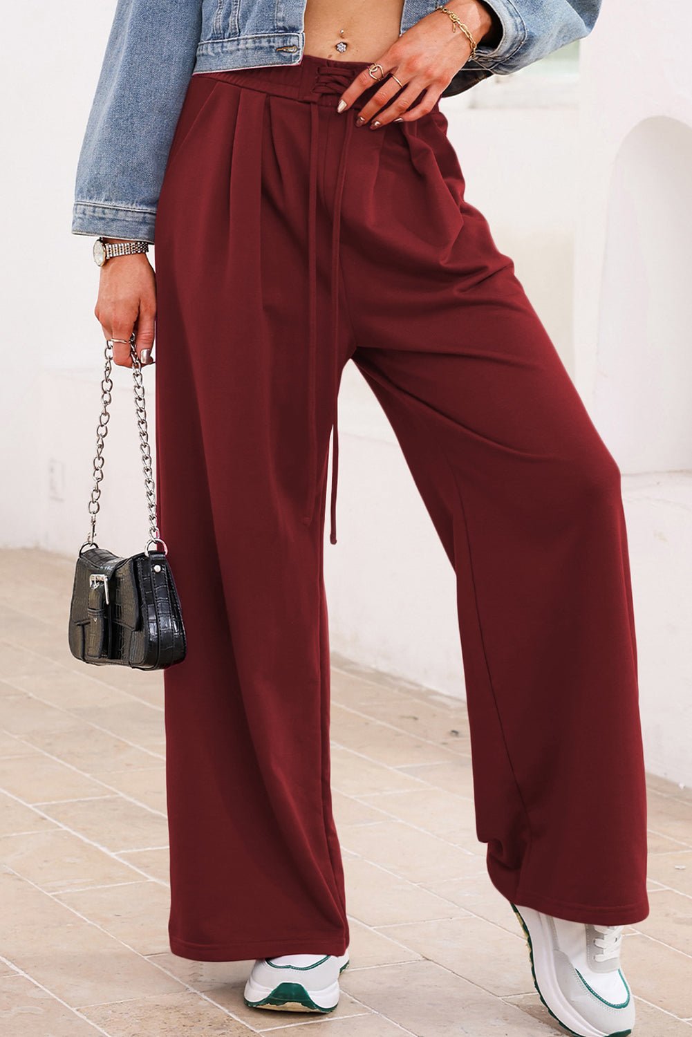 Solid Tied High-Waist Pleated Sweatpants - Rooted & Reckless Co.