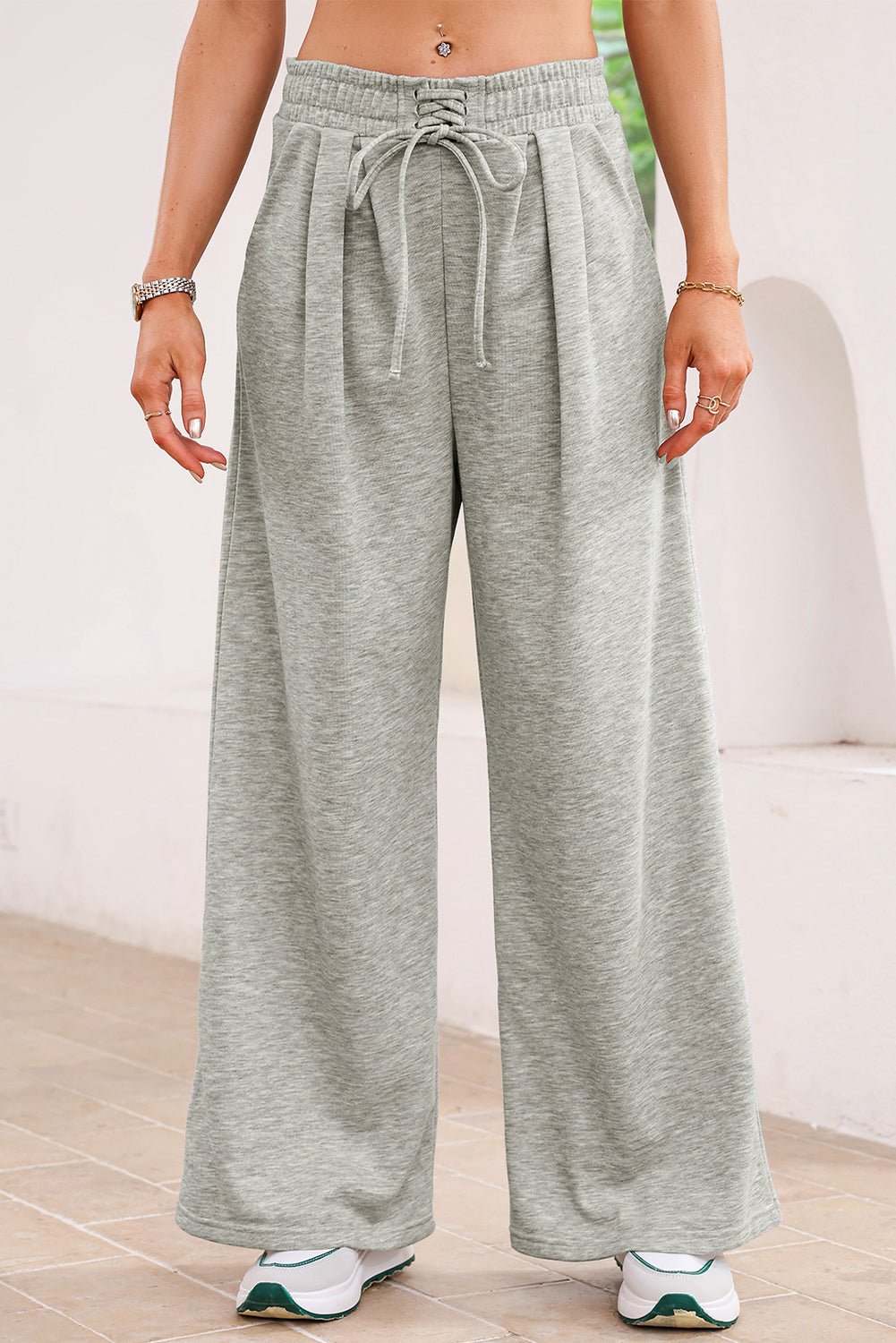 Solid Tied High-Waist Pleated Sweatpants - Rooted & Reckless Co.