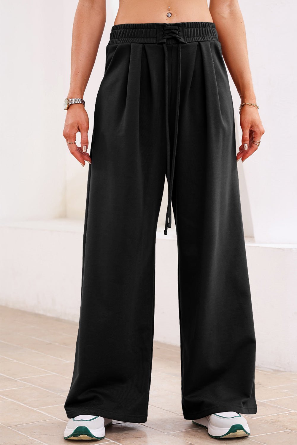 Solid Tied High-Waist Pleated Sweatpants - Rooted & Reckless Co.