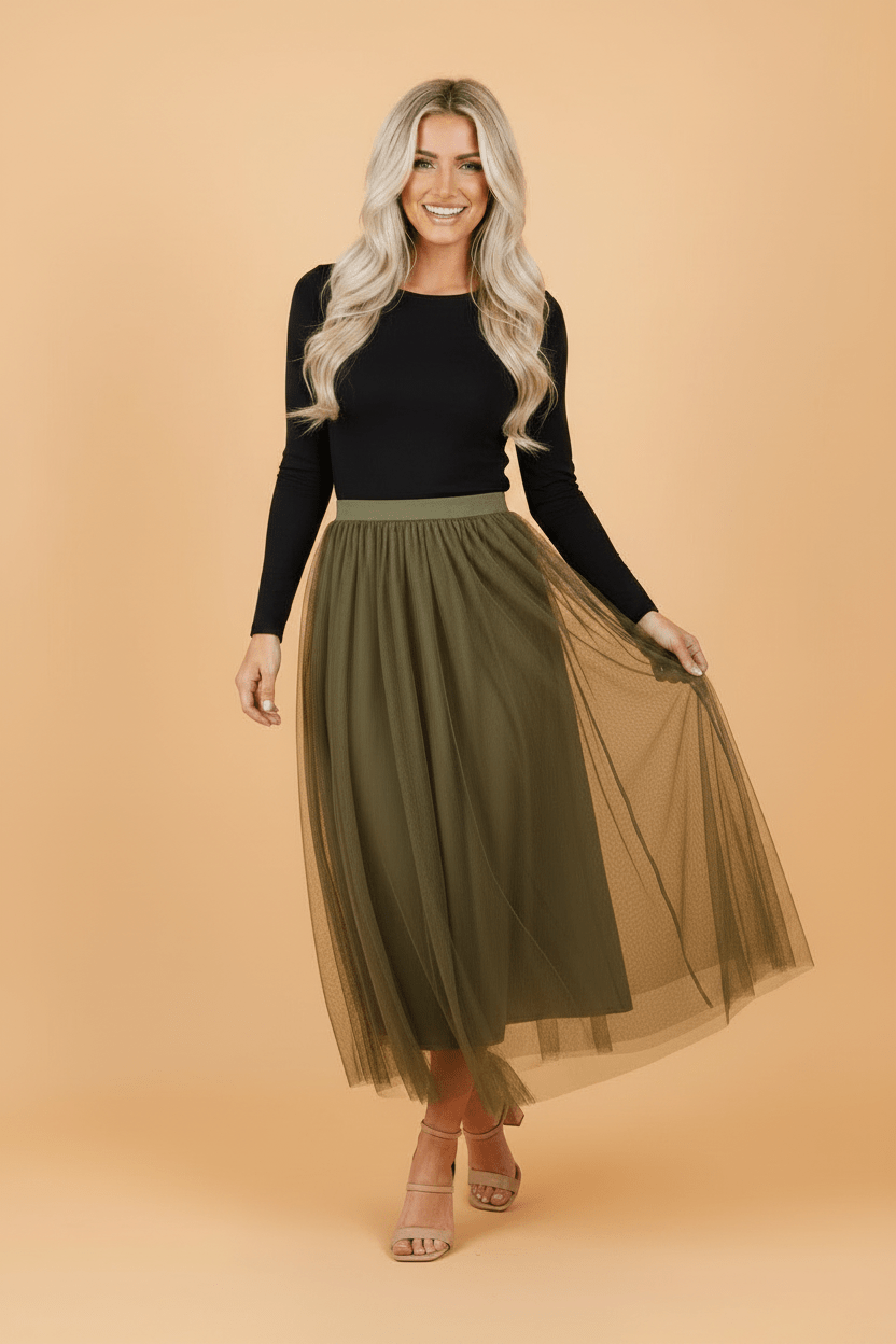 Solid Tulle Mesh Overlay Flared Midi Skirt - Rooted & Reckless Co.