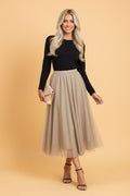 Solid Tulle Mesh Overlay Flared Midi Skirt - Rooted & Reckless Co.
