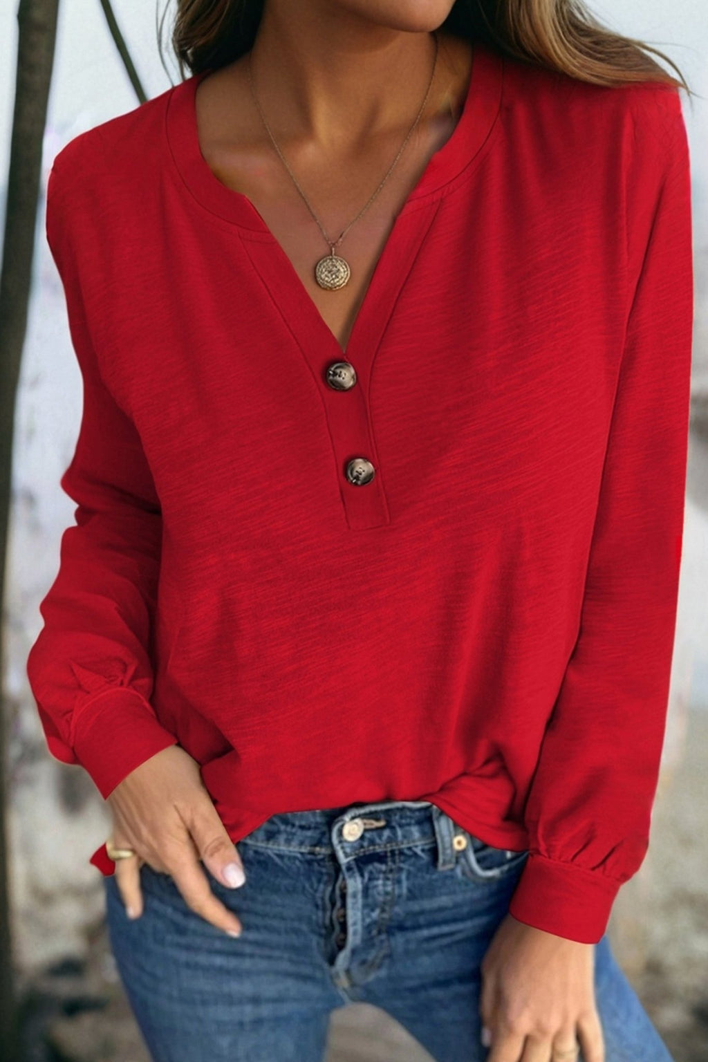 Solid V-Neck Button Long Sleeve Top - Rooted & Reckless Co.