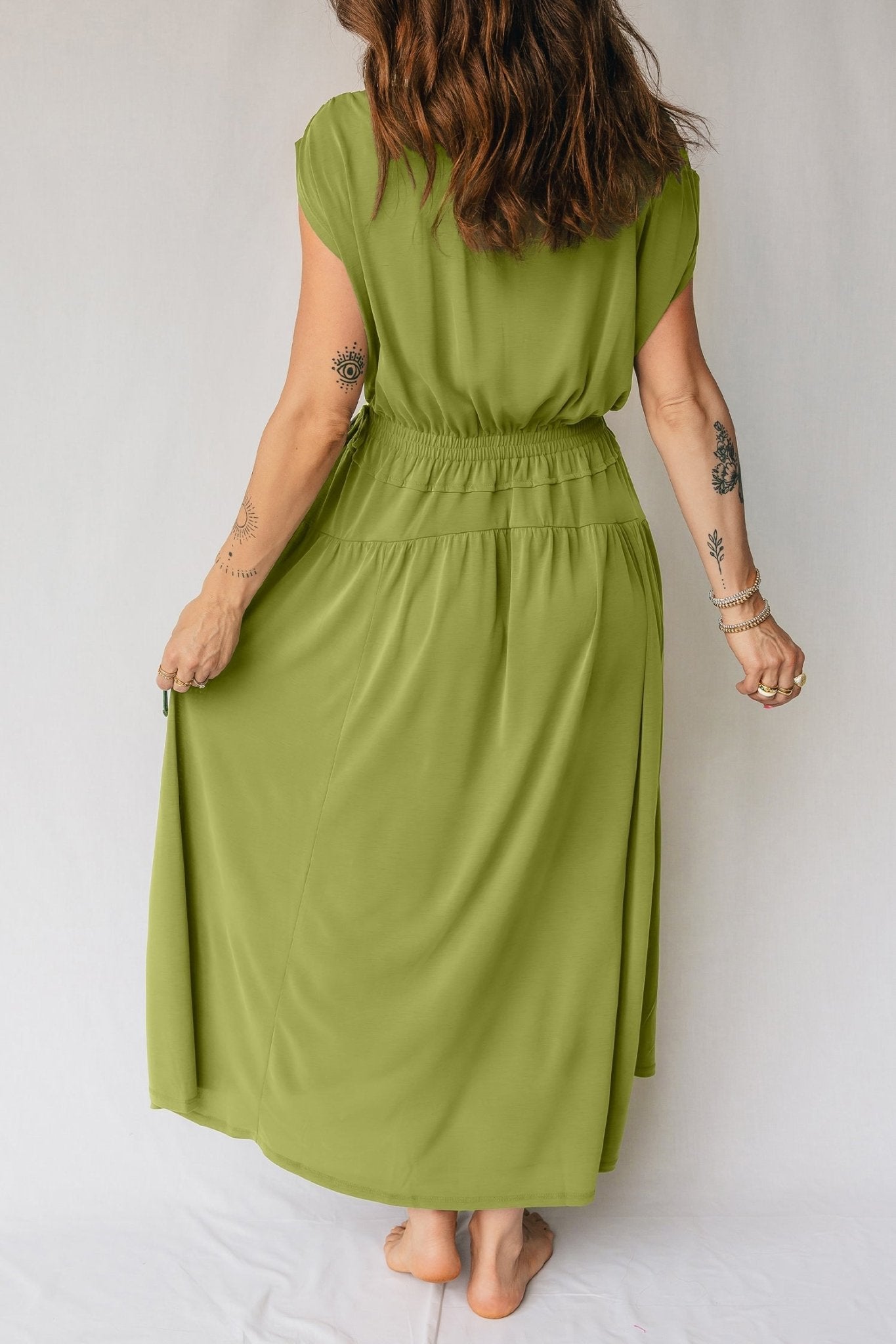 Solid V-Neck Cap Sleeve Elastic Waist Dress - Rooted & Reckless Co.