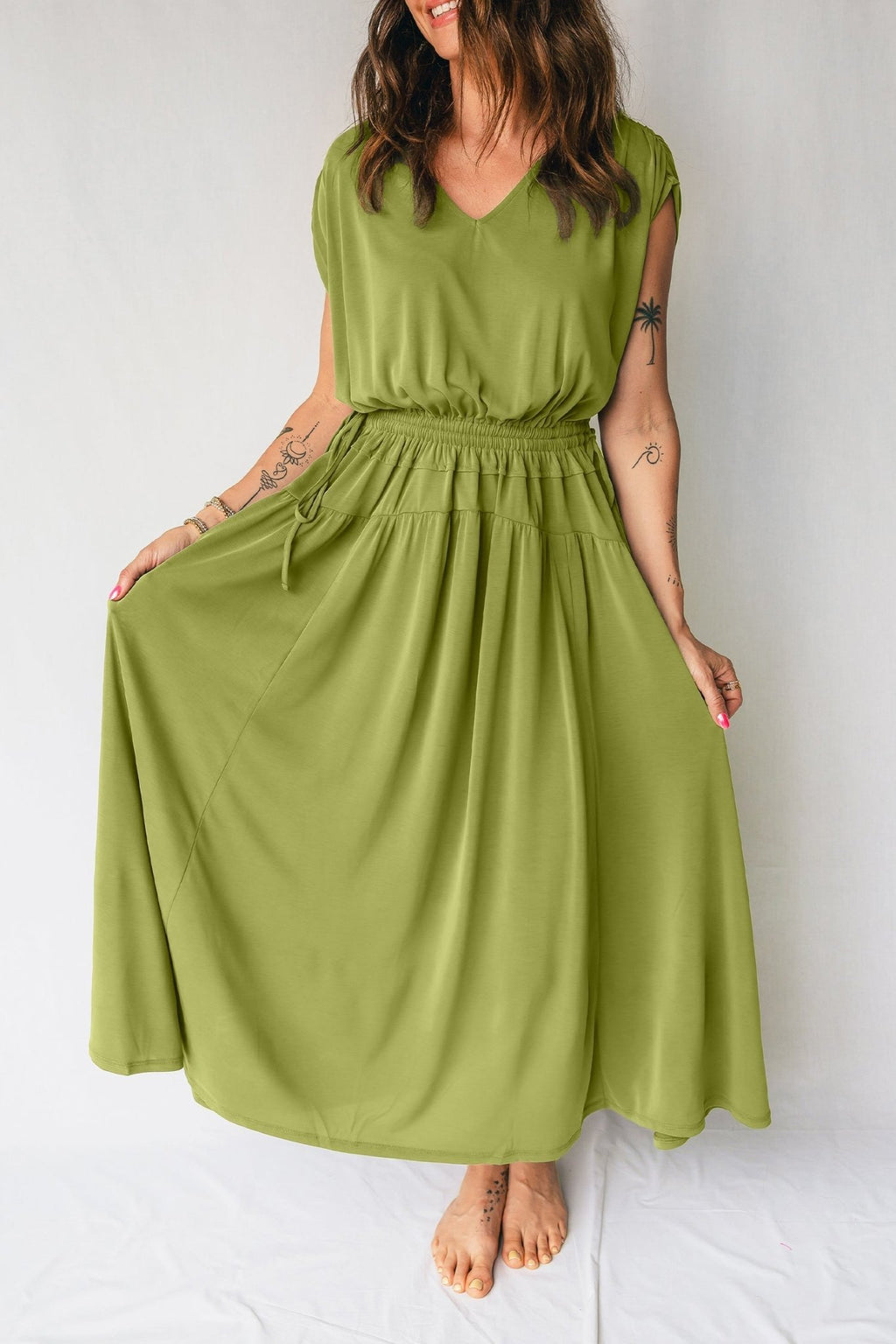 Solid V-Neck Cap Sleeve Elastic Waist Dress - Rooted & Reckless Co.