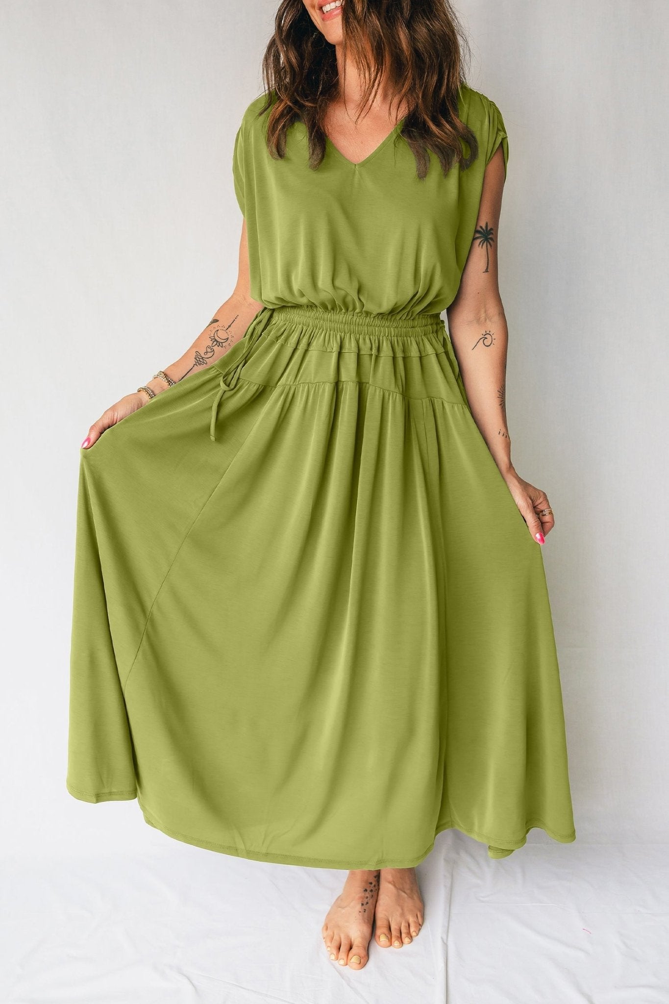 Solid V-Neck Cap Sleeve Elastic Waist Dress - Rooted & Reckless Co.