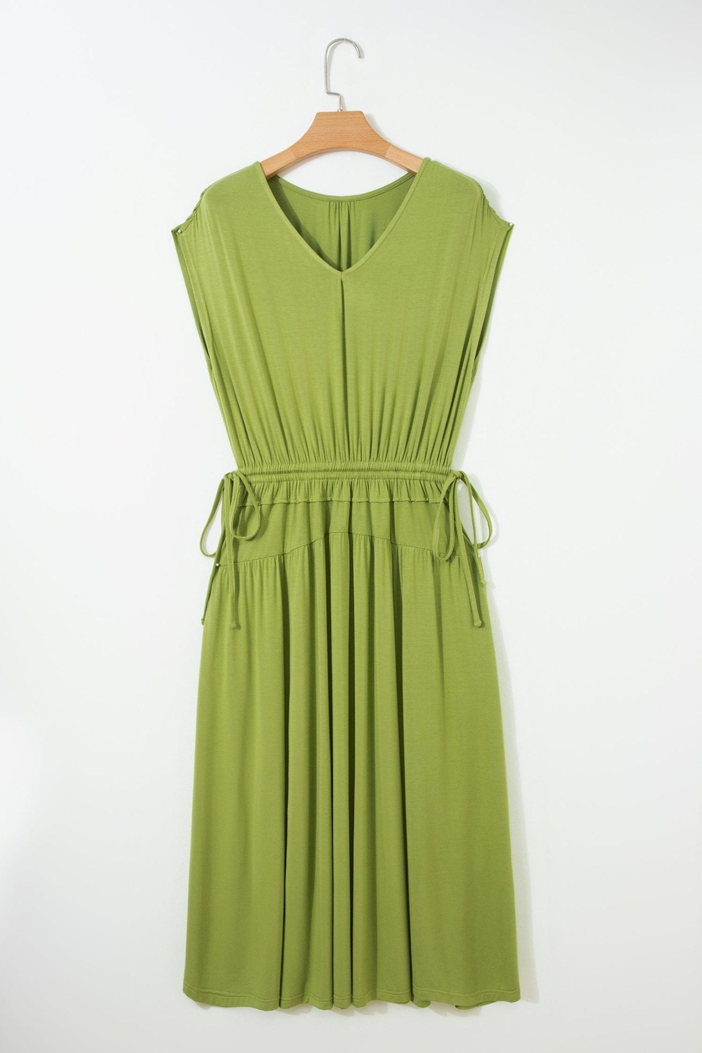 Solid V-Neck Cap Sleeve Elastic Waist Dress - Rooted & Reckless Co.