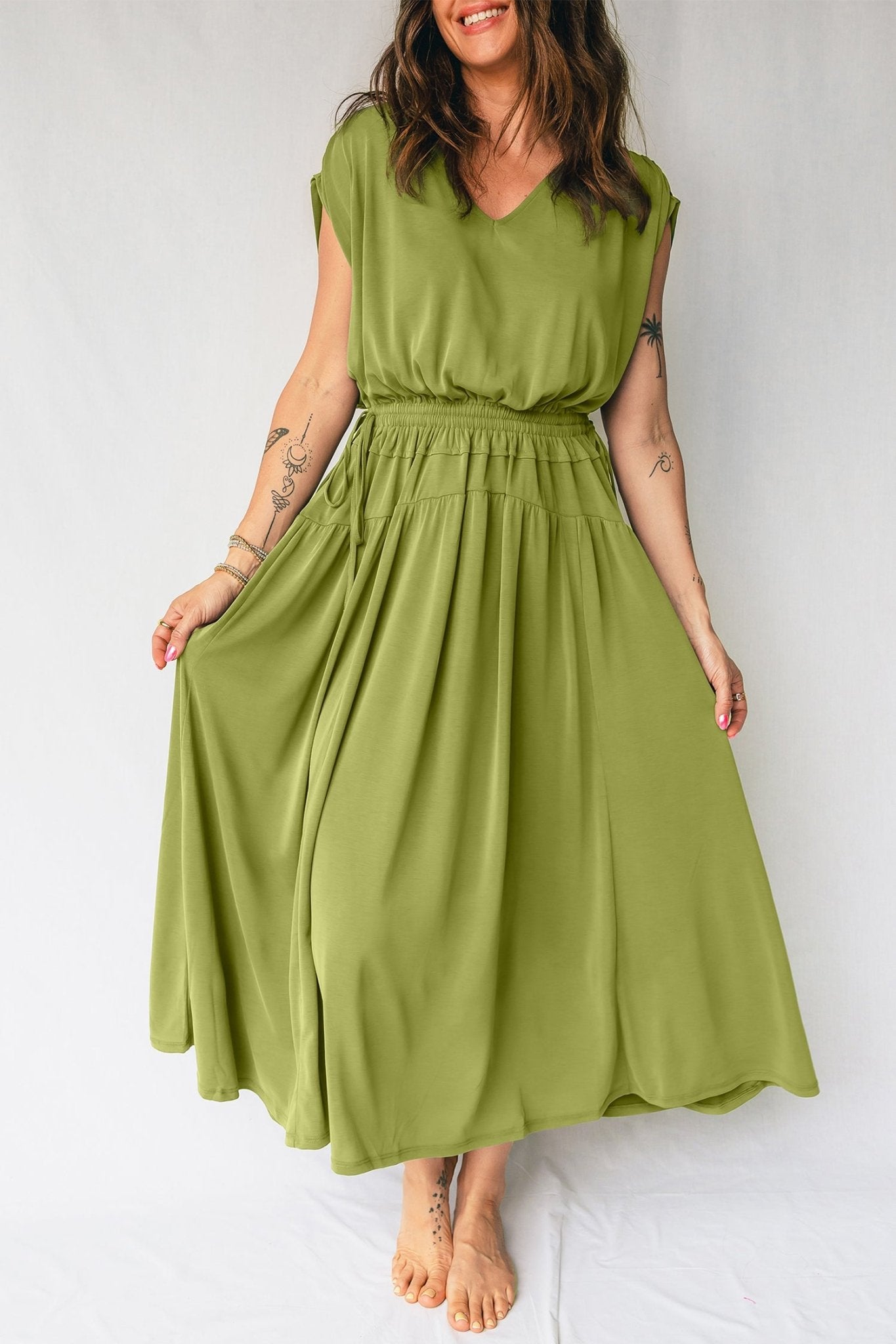 Solid V-Neck Cap Sleeve Elastic Waist Dress - Rooted & Reckless Co.