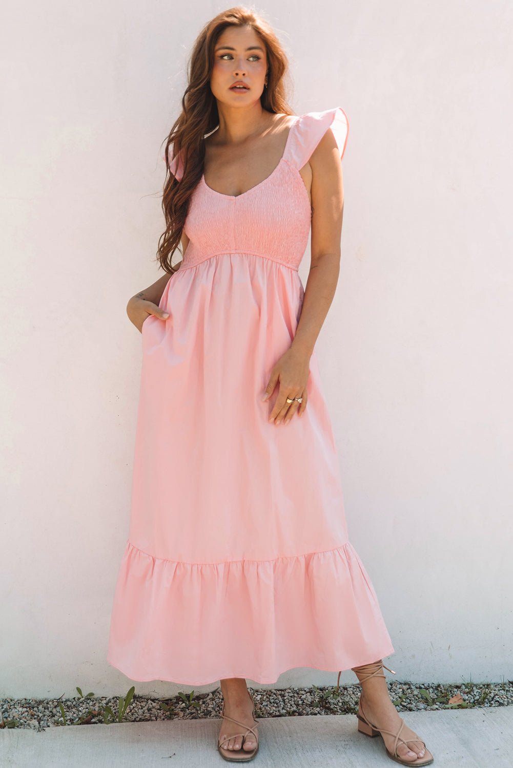 Solid V-Neck Flutter Sleeve Ruffle Maxi Dress - Rooted & Reckless Co.