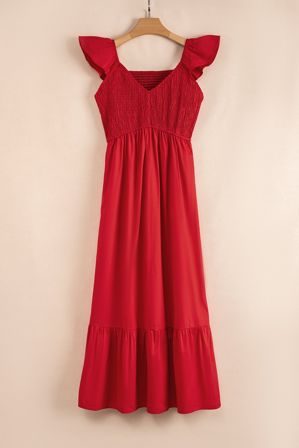 Solid V-Neck Flutter Sleeve Ruffle Maxi Dress - Rooted & Reckless Co.