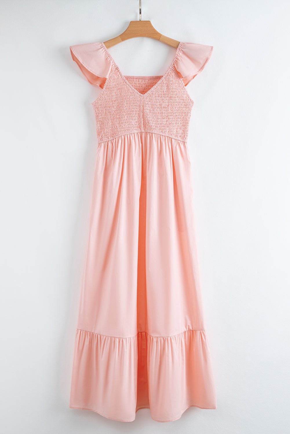 Solid V-Neck Flutter Sleeve Ruffle Maxi Dress - Rooted & Reckless Co.