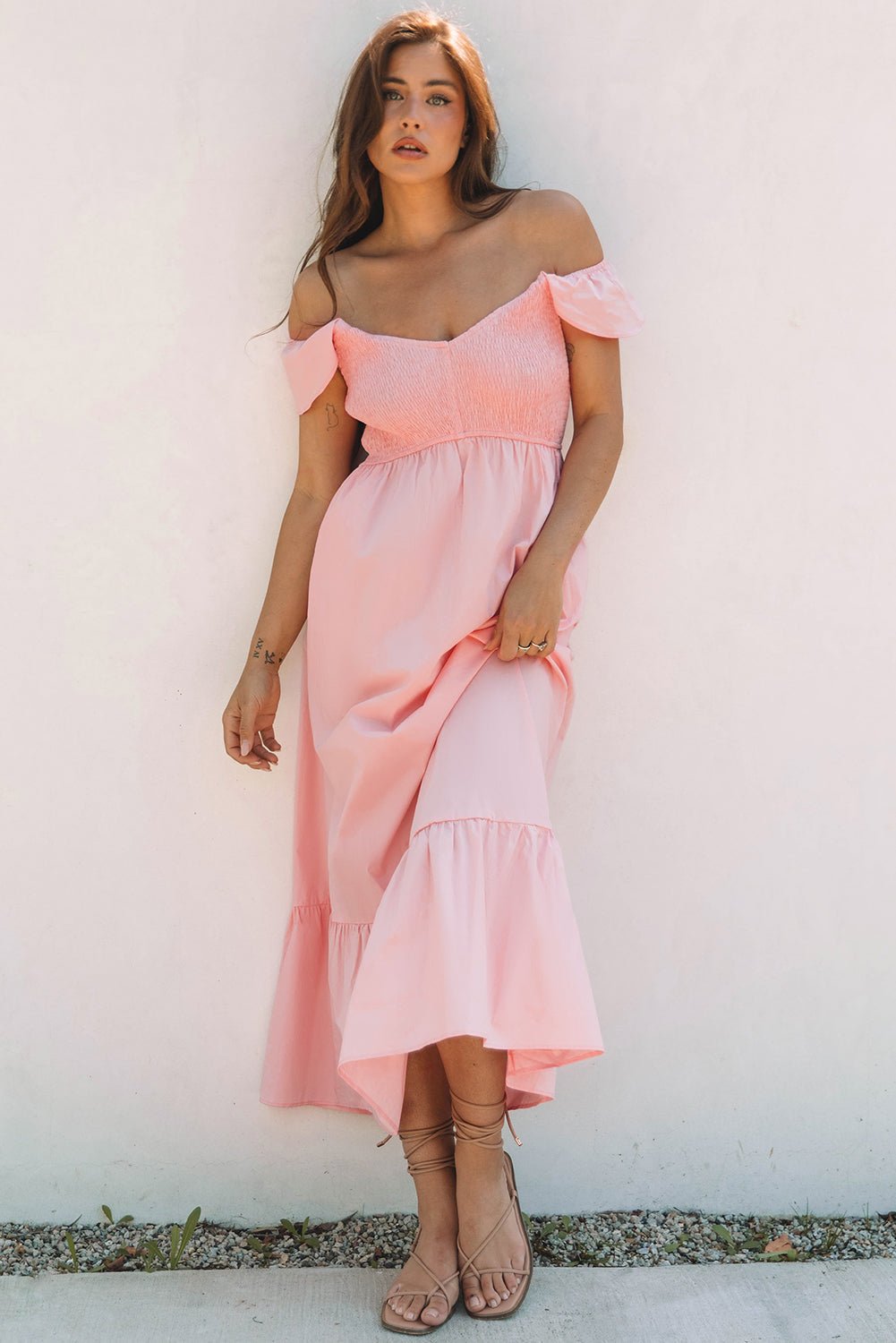 Solid V-Neck Flutter Sleeve Ruffle Maxi Dress - Rooted & Reckless Co.