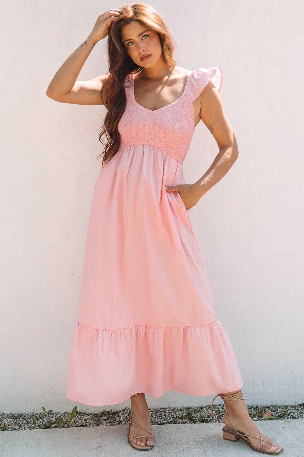 Solid V-Neck Flutter Sleeve Ruffle Maxi Dress - Rooted & Reckless Co.