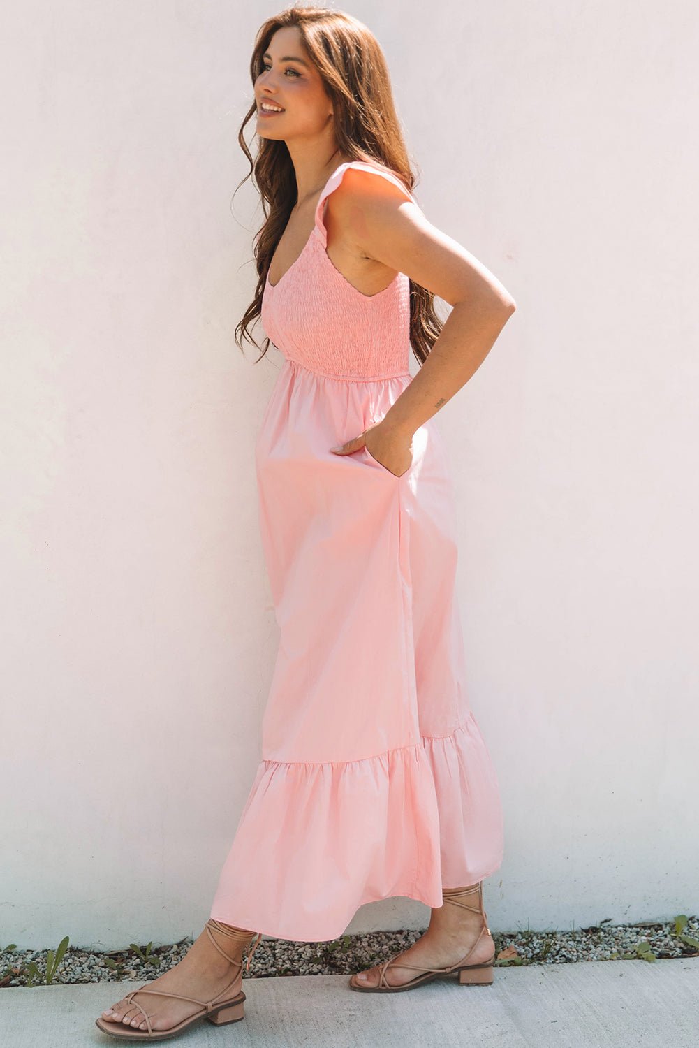 Solid V-Neck Flutter Sleeve Ruffle Maxi Dress - Rooted & Reckless Co.