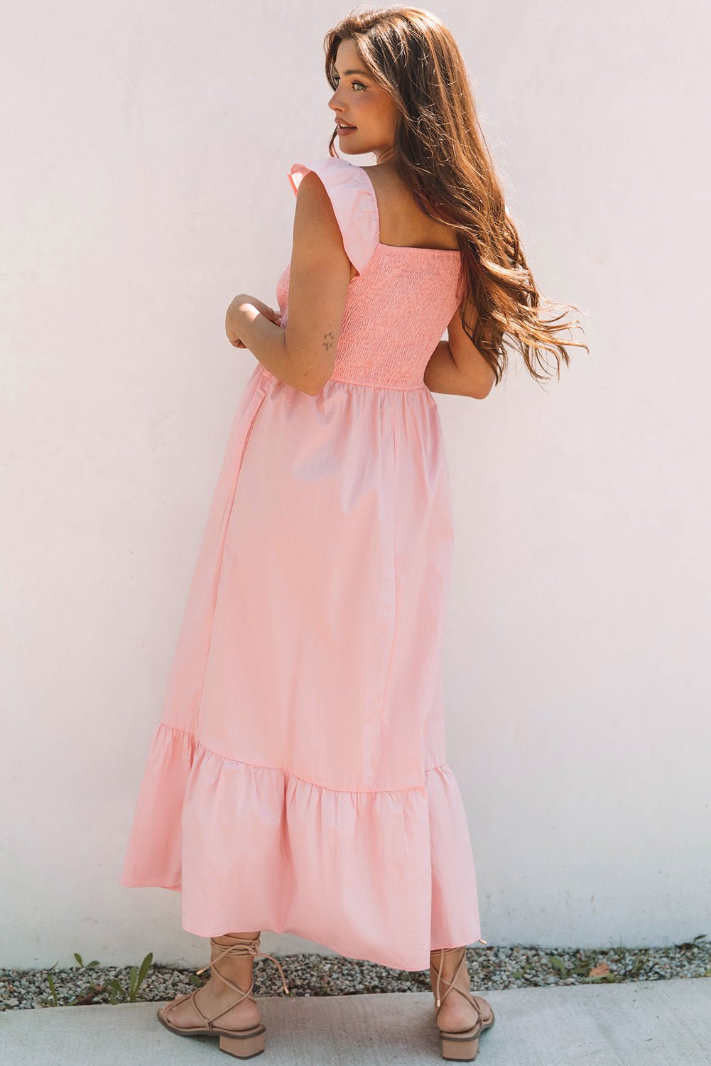 Solid V-Neck Flutter Sleeve Ruffle Maxi Dress - Rooted & Reckless Co.
