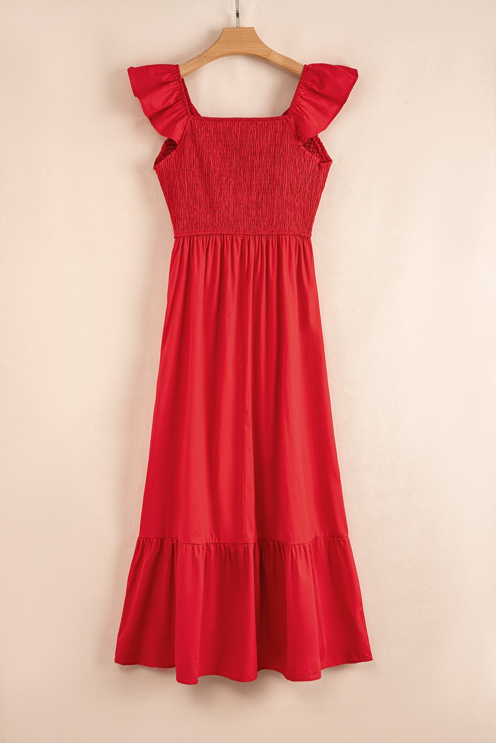 Solid V-Neck Flutter Sleeve Ruffle Maxi Dress - Rooted & Reckless Co.