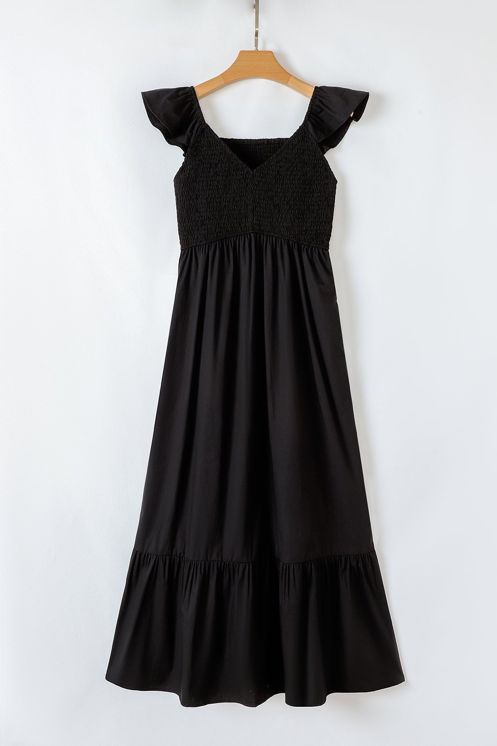 Solid V-Neck Flutter Sleeve Ruffle Maxi Dress - Rooted & Reckless Co.