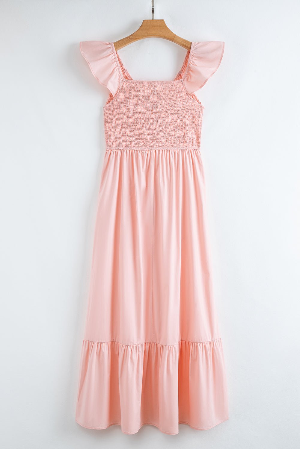 Solid V-Neck Flutter Sleeve Ruffle Maxi Dress - Rooted & Reckless Co.