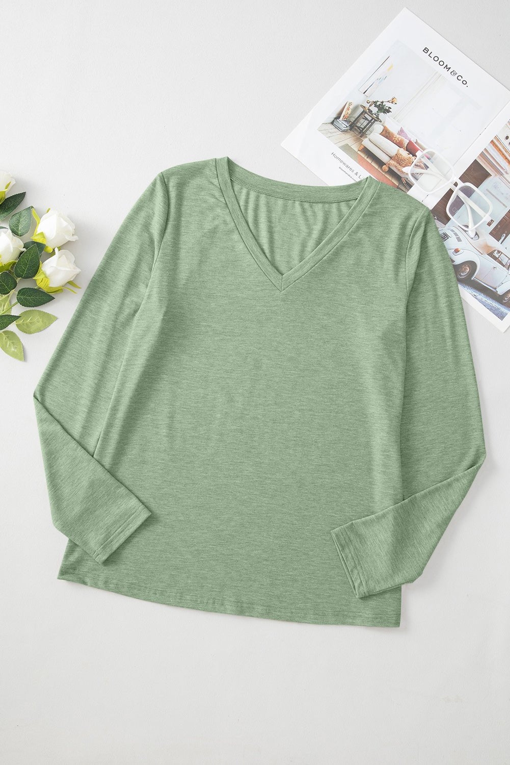 Solid V-Neck Long Sleeve Knit Top - Rooted & Reckless Co.