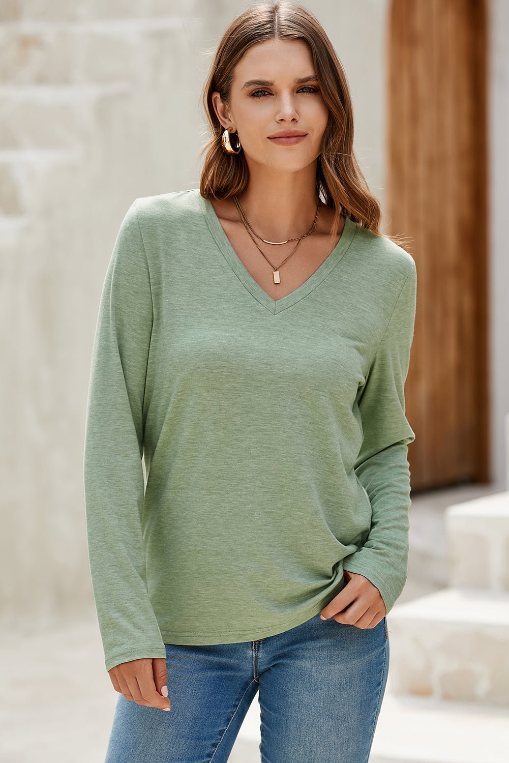 Solid V-Neck Long Sleeve Knit Top - Rooted & Reckless Co.