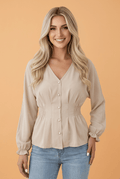 Solid V-Neck Long Sleeve Smocked Waist Blouse - Rooted & Reckless Co.