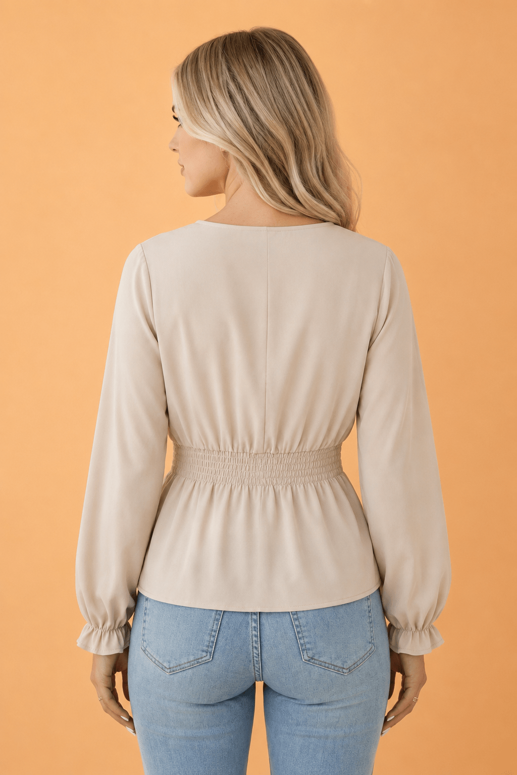 Solid V-Neck Long Sleeve Smocked Waist Blouse - Rooted & Reckless Co.