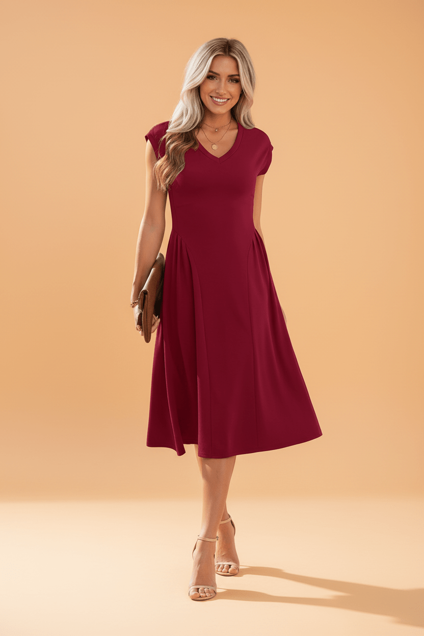 Solid V-Neck Pleated Flared Midi Dress - Rooted & Reckless Co.