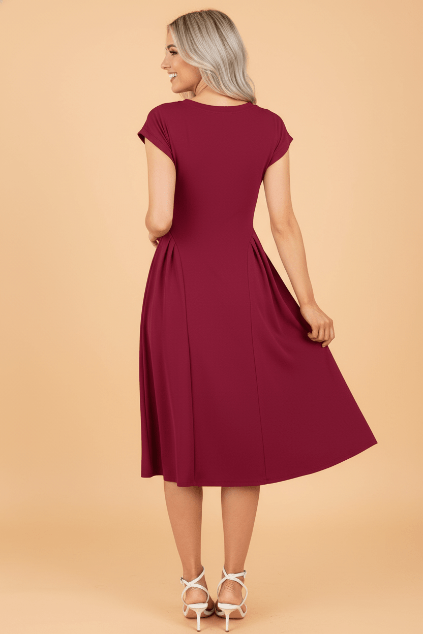Solid V-Neck Pleated Flared Midi Dress - Rooted & Reckless Co.