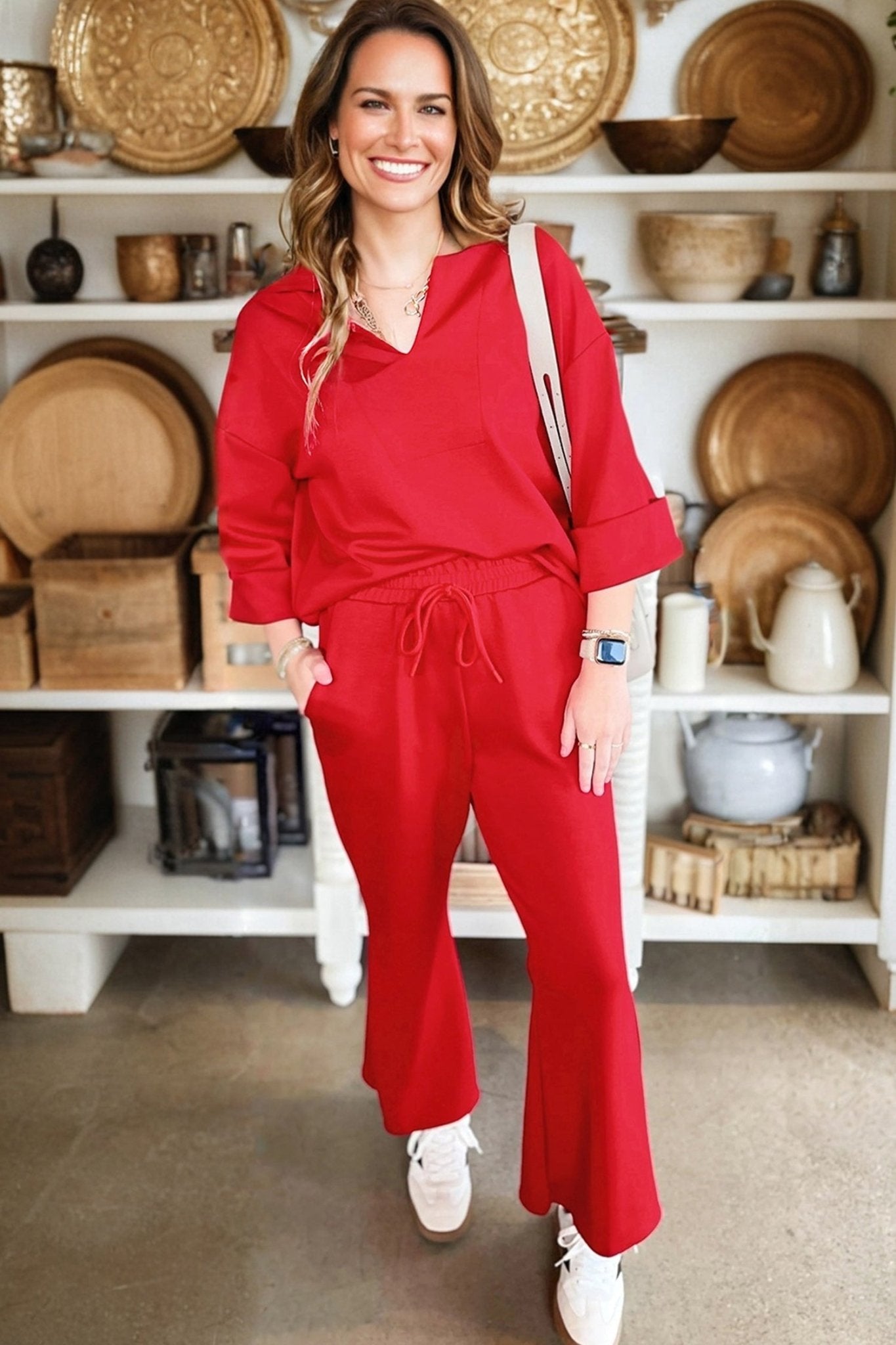 Solid V-Neck Pullover and Drawstring Pants Set - Rooted & Reckless Co.
