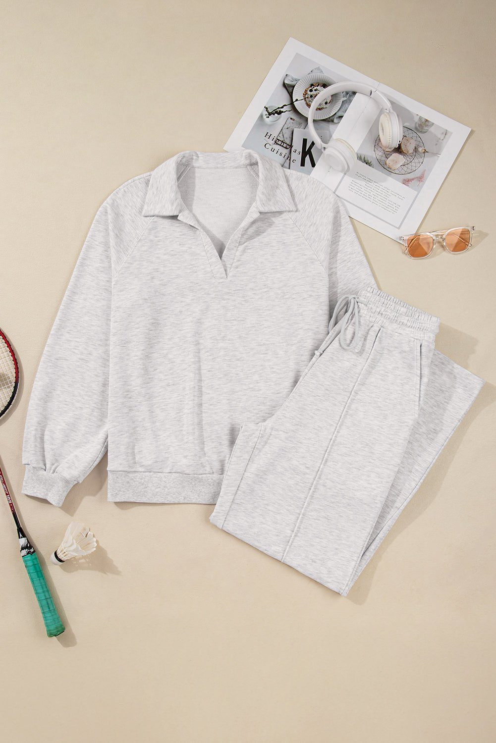 Solid V-Neck Pullover and Drawstring Sweatpants Set - Rooted & Reckless Co.