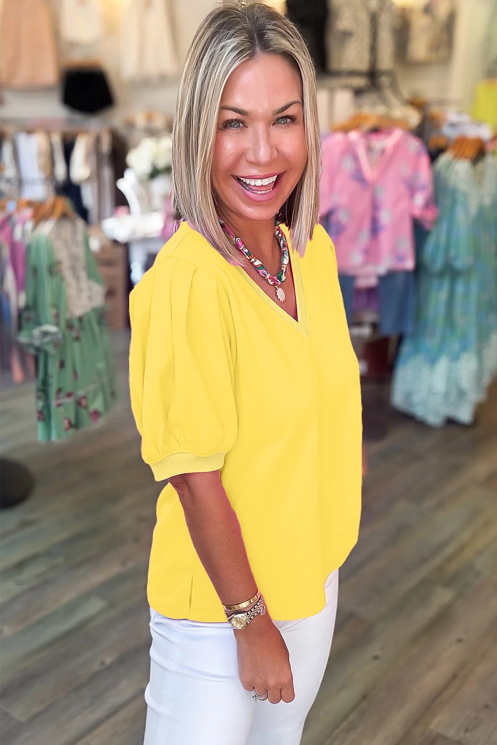 Solid V-Neck Short Puff Sleeve Blouse - Rooted & Reckless Co.