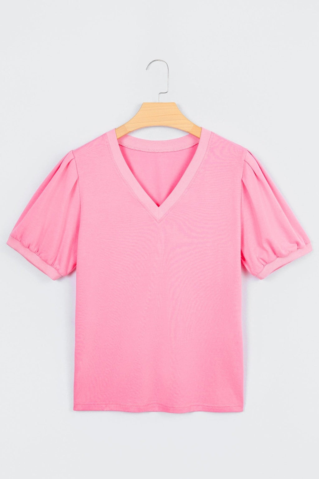 Solid V-Neck Short Puff Sleeve Blouse - Rooted & Reckless Co.