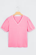 Solid V-Neck Short Puff Sleeve Blouse - Rooted & Reckless Co.